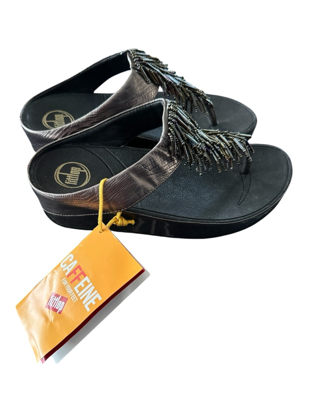 FitFlop Women’s Size 7 Rumba Beaded Toe Post Wedge Metallic Sandal